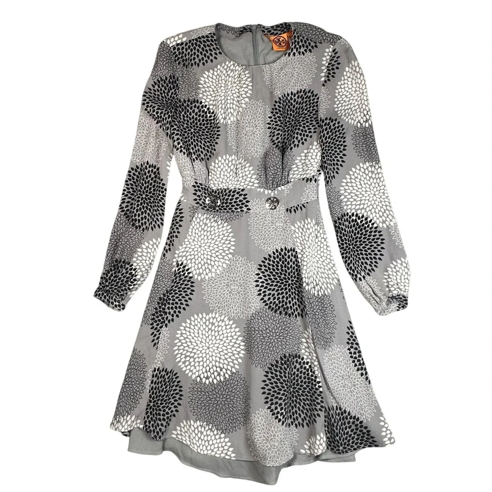 Tory Burch Wendy Sequin Silk Mini Dress Women's 2 Gray Floral Tunic Archival Mod